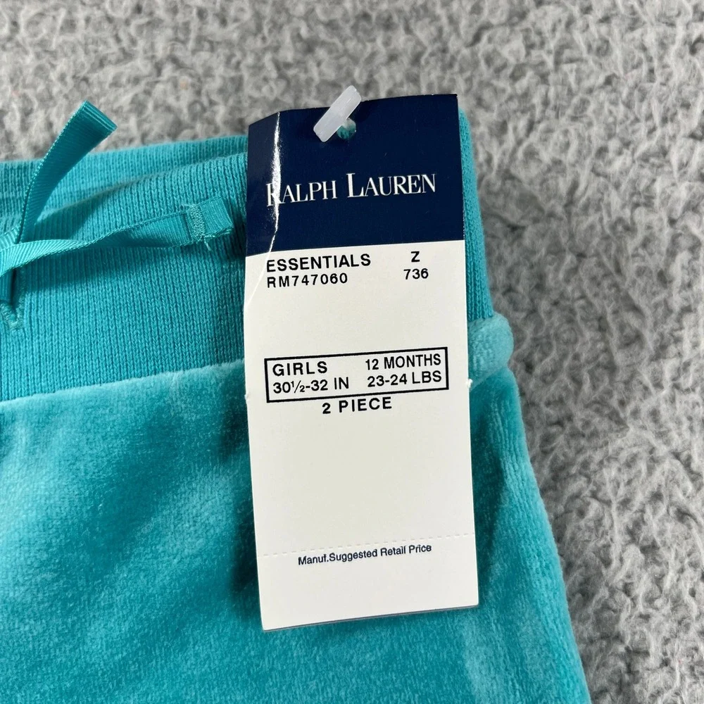 Ralph‎ Lauren Tracksuit Girls 12M Turquoise Velour Hoodie and Pants Set Vintage